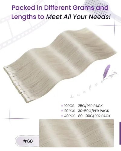 Miniatura 3 de LaaVoo Extensiones de cabello adhesivas de cabello humano rubio platino, extensiones de cabello real, #60 rubio blanco, 12 pulgadas, 30 g/20 piezas