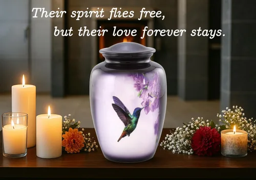 Miniatura 2 de Urnas de cremación de colibrí para cenizas de adultos, urnas decorativas grandes moradas para cenizas humanas, recipiente conmemorativo hecho a mano