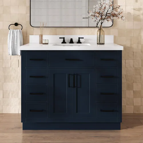 Miniatura 14 de DKB Isabella - Mueble de baño negro de 42 pulgadas con fregadero, lavabo rectangular, encimera de cuarzo blanco puro y protector contra salpicaduras