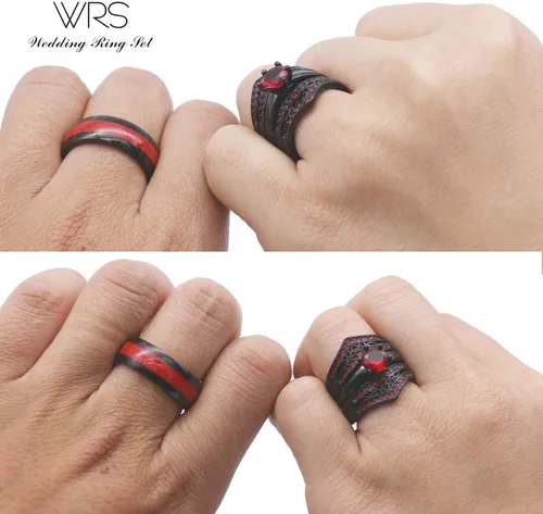 Miniatura 5 de Juego de anillos de boda de dos anillos para parejas, anillos a juego para mujer, 2 piezas, chapado en oro negro, circonita roja, anillo