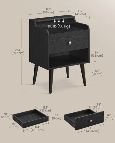 Miniatura 3 de VASAGLE - Mesitas de noche, juego de 2, mesas de cabecera con cajones ocultos, mesas auxiliares de estilo de mediados de siglo con patas de madera