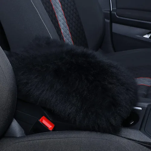 Frienda Funda para reposabrazos para automóvil, cubierta de consola central, cojín suave para consola de coche, piel de oveja real de lana suave y