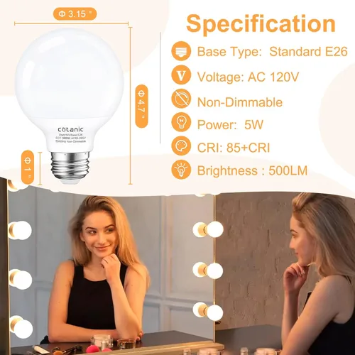 Miniatura 2 de Cotanic Bombilla LED G25 para tocador de baño, 3000 K, color blanco suave, bombillas de globo, base estándar E26, 5 W, reemplazo incandescente