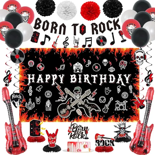 Crenics Decoraciones de Fiesta de Cumpleaños Rock and Roll - Telón de Fondo de Feliz Cumpleaños, Pancarta Born to Rock, Remolinos, Panal de Abeja,