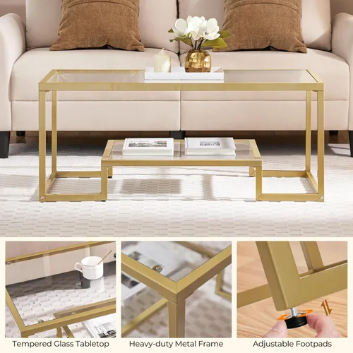 Miniatura 7 de Yaheetech Mesa de Café Dorada, Mesa de Centro de Vidrio Rectangular de 42" para Sala de Estar, Mesas de Té de 2 Niveles con Marco de Metal