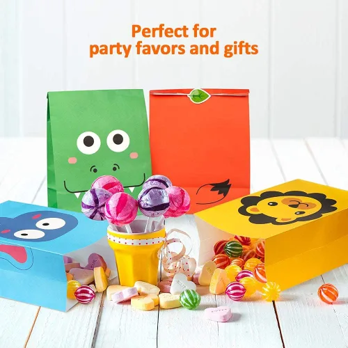 Mocoosy Paquete de 24 bolsas de recuerdo de fiesta de animales, bolsas de regalo para cumpleaños de niños, pequeñas bolsas de regalo de papel a