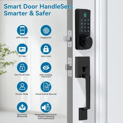 Miniatura 2 de Cerradura de puerta inteligente con mango 6 en 1 sin llave cerrojo de entrada, cerradura de puerta biométrica de huellas dactilares, código