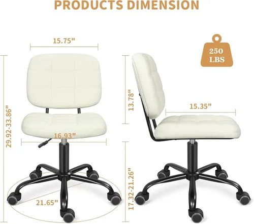 Miniatura 3 de ERGOSEAT Silla de escritorio de oficina en casa sin brazos con ruedas, moderna silla ergonómica con ruedas giratorias de 360°, sillas de tareas