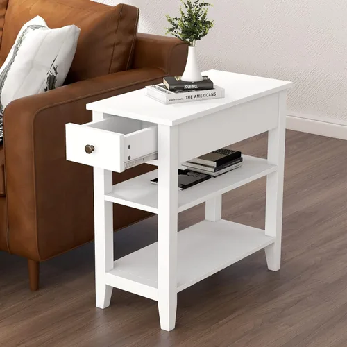 Mesa auxiliar ChooChoo para sala de estar, mesa auxiliar estrecha con cajón y estante, mesa auxiliar de sofá de 3 niveles para espacios pequeños,