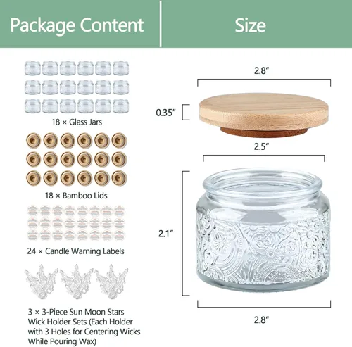 Miniatura 2 de Paquete de 18 recipientes de vidrio en relieve de 4 onzas con tapas y etiquetas de bambú, tarros transparentes para hacer velas, diseño de estrella