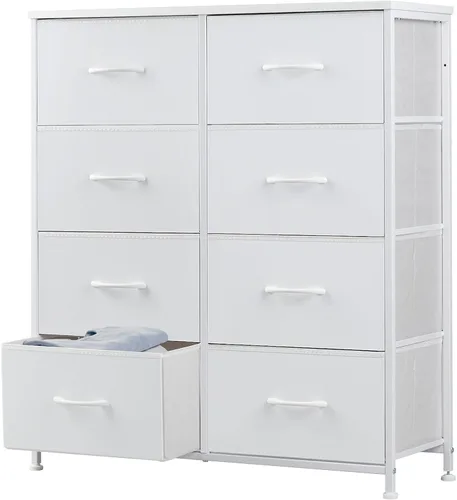 Miniatura 19 de DUMOS Cómoda para dormitorio, organizador de almacenamiento con 9 cajones, cómoda con cubos de tela, marco de metal resistente, mesa de madera