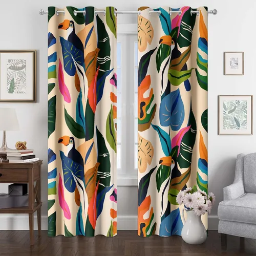 Cortinas coloridas de plantas tropicales, tratamiento abstracto de hojas de palmera, 63 pulgadas de largo, decoración bohemia con pájaros tucanes de