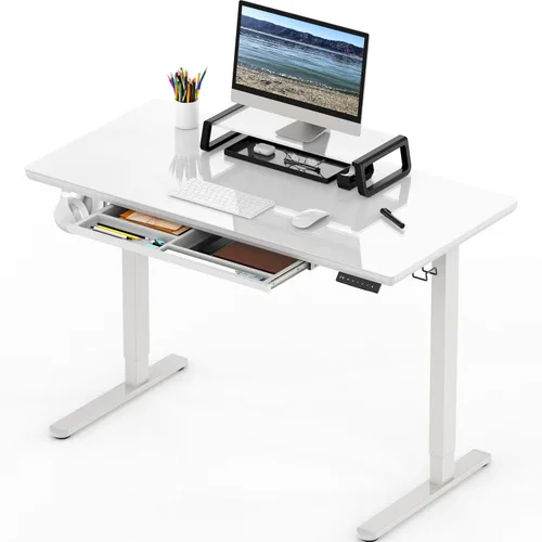 Miniatura 9 de SHW Escritorio eléctrico de cristal de pie ajustable de 48 x 24 pulgadas, escritorio motorizado con elevador de monitor, cajón extraíble, ajustes