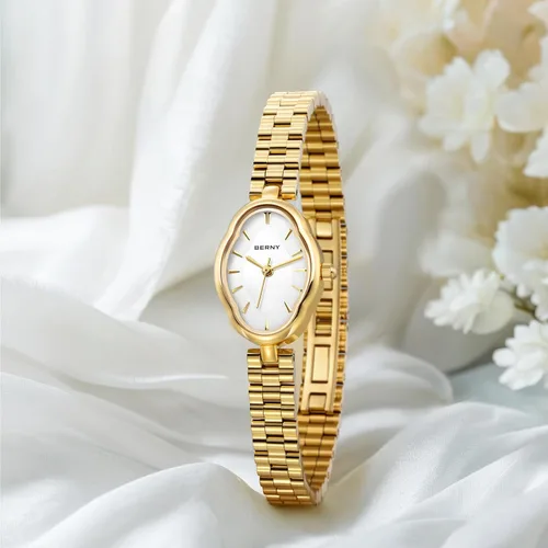 Miniatura 7 de BERNY Relojes dorados para mujer, delicado reloj de cuarzo para mujer, estilo vintage, cobre, con forma de espejo, movimiento de cuarzo japonés