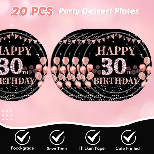 Miniatura 4 de 62 decoraciones de cumpleaños número 30 para niñas y ella, suministros de fiesta de cumpleaños de oro rosa incluyen 20 platos de 7 pulgadas, 20