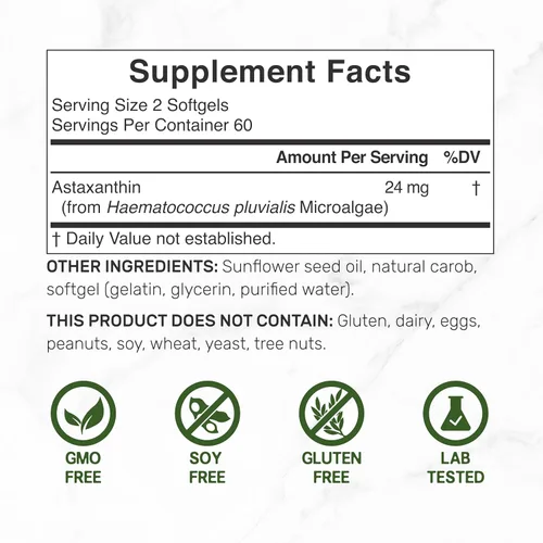 Miniatura 2 de DEAL SUPPLEMENT Astaxantina 24 mg por porción (12 mg por cápsula), 120 cápsulas blandas – Microalgas de doble potencia – Suplementos antioxidantes
