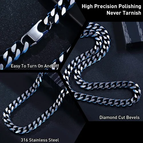 Miniatura 49 de YAMI Cadena de eslabones cubanos para hombre, azul/negro/oro de 14 quilates, acero inoxidable de 0.394-0.472 in de grosor, collar de cadena