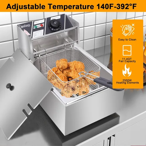 Miniatura 6 de Winado Freidora eléctrica de capacidad de 10 cuartos de galón con cestas y tapas, freidora de control de temperatura de acero inoxidable de 10 L