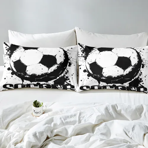 Miniatura 4 de Juego de ropa de cama de fútbol, tamaño individual, juego de pelota para niños, sábana bajera, pelota deportiva, color blanco y negro, ropa de cama