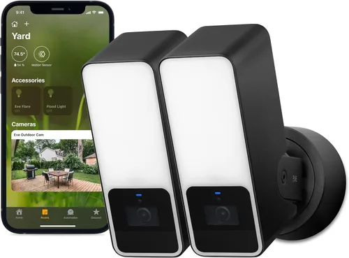 Eve Cámara para exteriores, paquete de 2 cámaras de reflector seguro, alta seguridad y privacidad (video seguro HomeKit), 1080p, visión nocturna,