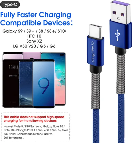 Miniatura 6 de Paquete de 3 unidades de 6 pies [1.82 m] Cable de carga compatible con Samsung Galaxy S9, S10, S8 Plus (3 A, carga rápida), cable TPE USB C, USB A