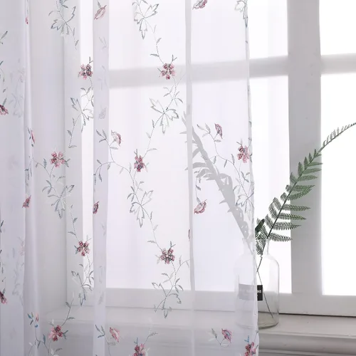 Miniatura 25 de Taisier Home Cortinas Traslúcidas Blancas Florales con Estampado de Flores y Bordado de Enredaderas para Dormitorio, Cortina con Bolsillo