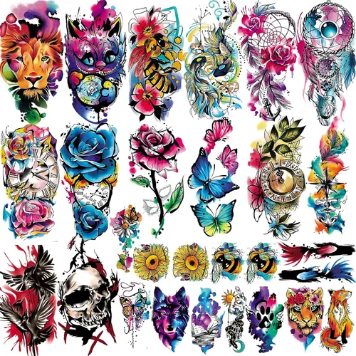 Aresvns Tatuaje temporal de acuarela 3D para barbacoa, piscina, fiesta en la playa, 14 hojas de rosas, flores, mariposas, leones, tatuajes falsos