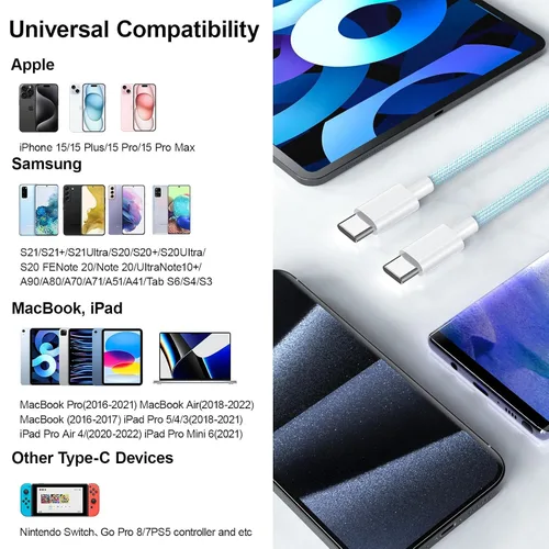 Miniatura 6 de Paquete de 2 cables de carga USB C a USB C de 6 pies para iPhone 15, cable USB C de 60 W, cable de carga rápida USBC tipo C compatible