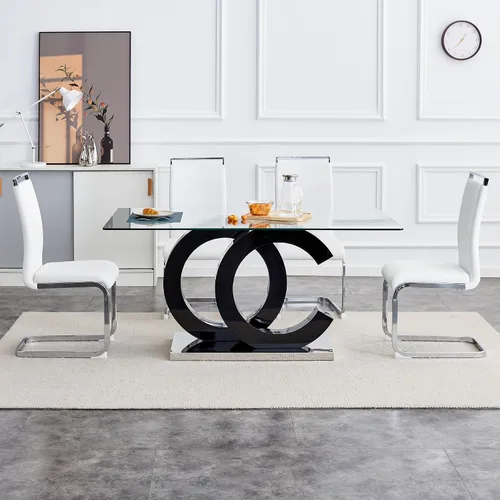 Miniatura 14 de Juego de mesa de comedor Ebullient para 6, juego de mesa de comedor de 7 piezas, tapa de mesa de cristal templado, mesa moderna de comedor con 6