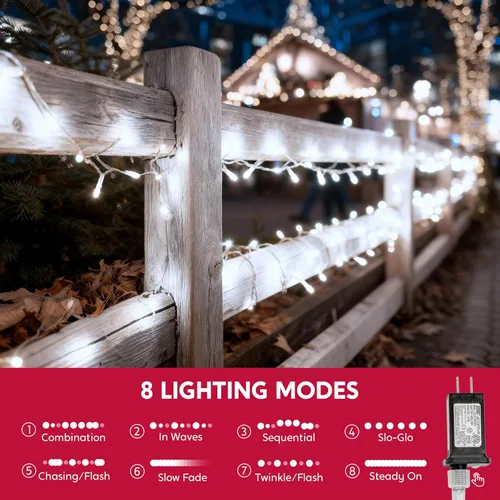 Miniatura 6 de JOYIN 200 luces LED de Navidad multicolor, 8 modos de luces de árbol de Navidad enchufables, luces parpadeantes de hadas conectables de 66 pies