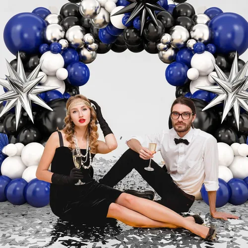 Miniatura 7 de Kit de arco de globos azul marino y negro, guirnalda de globos con globos de papel de aluminio metálico plateado blanco oscuro globos de látex