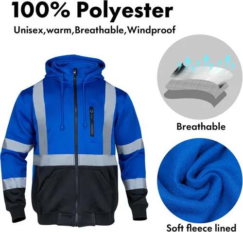 Miniatura 5 de VENDACE Sudadera de forro polar reflectante de alta visibilidad ANSI Clase 1 con capucha desmontable para hombres (Azul real, L)