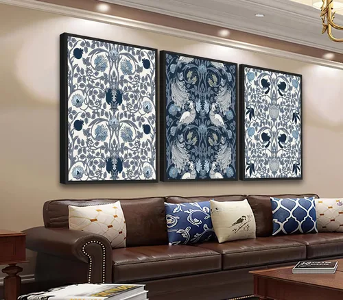 Miniatura 13 de Arte de pared abstracto enmarcado grande - Cuadros de lienzo enmarcados naturales para sala de estar, impresiones modernas en lienzo gris azul
