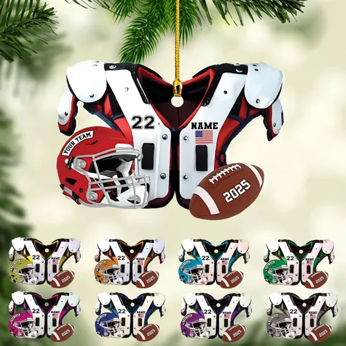 Miniatura 10 de Adornos de fútbol personalizados, hombreras y casco, adorno de Navidad, regalo de jugador estadounidense, regalo para niños y niñas, decoración