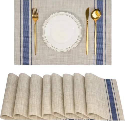 Miniatura 15 de Juego de 6 manteles individuales, antideslizantes, tejido de PVC, fáciles de limpiar, resistentes al calor, para cocina, comedor, decoración Beige
