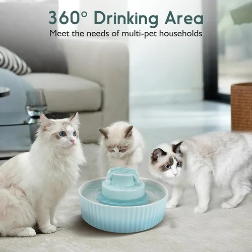 Miniatura 5 de Lawfery fuente de agua de cerámica para gatos, fuente de agua de 2.1L/71oz para gatos con 3 filtros de carbón y 2 bombas silenciosas, dispensador
