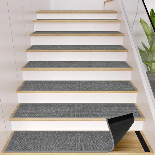 Miniatura 14 de GOYLSER Alfombras de Escalera de Yute Antideslizantes con Respaldo de Goma, 15 Piezas Tapetes Negros para Escaleras de Interiores, Almohadillas