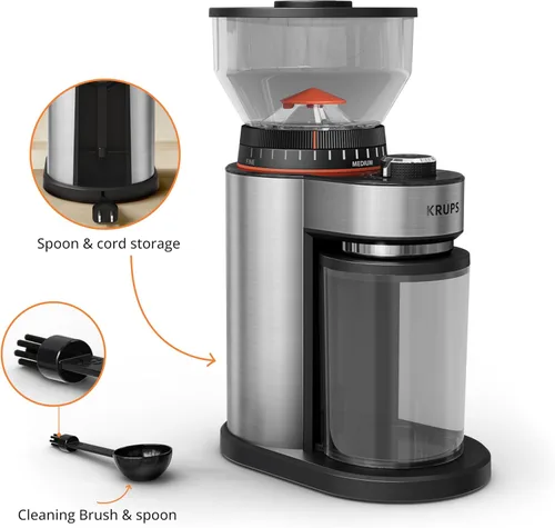 Miniatura 6 de KRUPS Molinillo de café eléctrico de rebaba plana, 18 configuraciones ajustables de molienda, de 2 a 20 tazas por molienda, toque único, molinillo