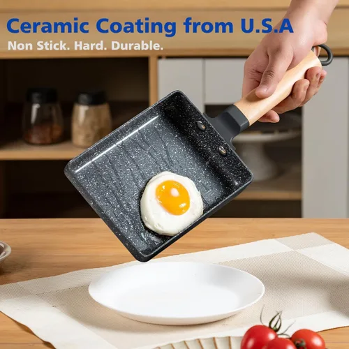 Miniatura 4 de Sartén cuadrada con revestimiento cerámico japonés Tamagoyaki para tortilla, pequeña sartén rectangular antiadherente con asa de madera (Gris oscuro)