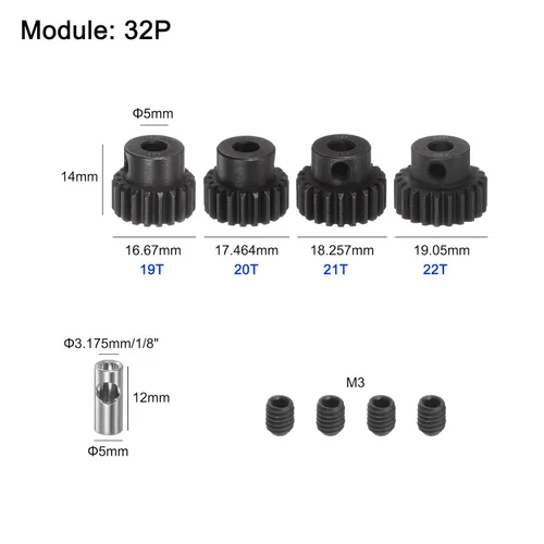 Miniatura 2 de uxcell Juego de engranajes de piñón 32P eje de 0.197 in 19T 20T 21T 22T engranajes de motor engranajes de piñón de acero endurecido con acoplador