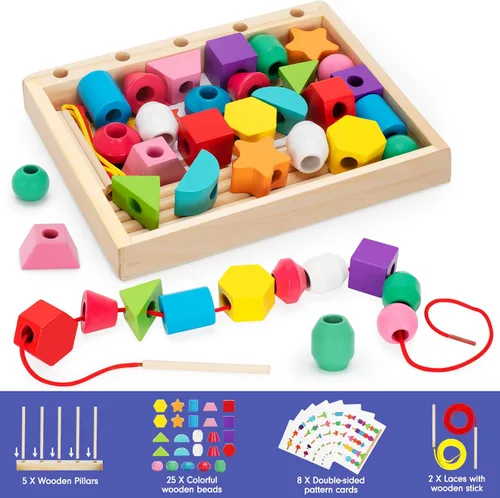 Miniatura 2 de TooyBing Montessori - Juguetes de madera con cordones para niños pequeños de 3 a 4 años, juguete de bloques de secuenciación y apilamiento con caja