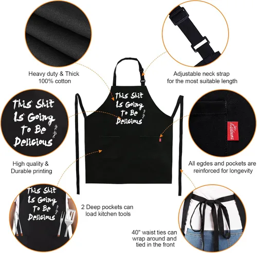 Miniatura 3 de Delantal divertido para barbacoa para hombres, delantal de chef con 2 bolsillos, correa ajustable para el cuello y lazos de 40 pulgadas de largo