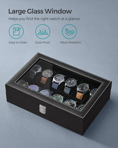 Miniatura 4 de SONGMICS Caja de reloj caja de reloj de 12 ranuras con tapa de cristal grande almohadas de reloj extraíbles organizador de caja de reloj regalo