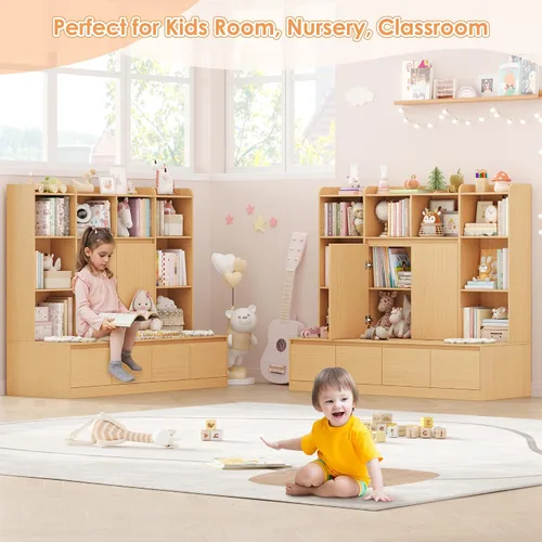 Miniatura 2 de HIFIT Estantería 4 en 1 para niños y organizador de almacenamiento de juguetes con banco, estantería para niños de 10 cubos con rincón de lectura
