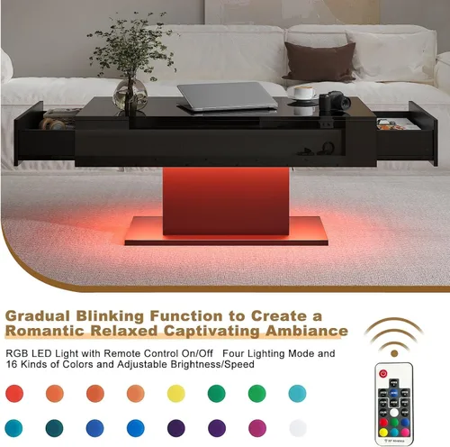 Miniatura 4 de HedoAjim - Mesa de café negra con LED y 2 cajones de almacenamiento para sala de estar, mesa rectangular de centro para sala de estar, mesas de café