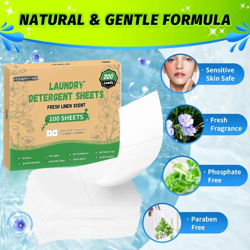 Miniatura 3 de Sábanas de detergente para ropa – Aroma de lino fresco, 200 cargas (100 hojas), sin plástico para viajes, dormitorios, hogar, apartamentos