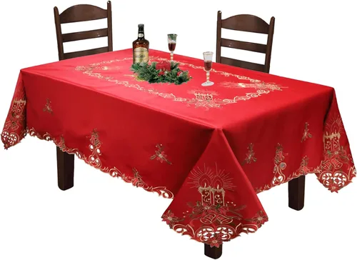 Creative Linens Mantel Navideño Bordado con Flor de Pascua Vela Campana 70x90 Rectangular con 8 Servilletas ROJO Dorado