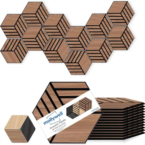 Miniatura 14 de Mollywell Paneles acústicos, decoración de grano de madera de PVC, azulejos de pared con patrón tallado de 12 x 12 pulgadas, autoadhesivos