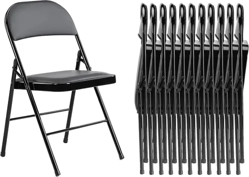 Miniatura 11 de Paquete de 2 sillas plegables, silla comercial apilable portátil, silla de cuero acolchada para interiores y exteriores con marco de metal Negro