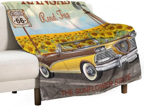Miniatura 21 de Manta de motocicleta antigua, rústica y clásica, con temática de auto clásico, ruta de EE. UU., 66, patrón impreso, manta de franela súper suave